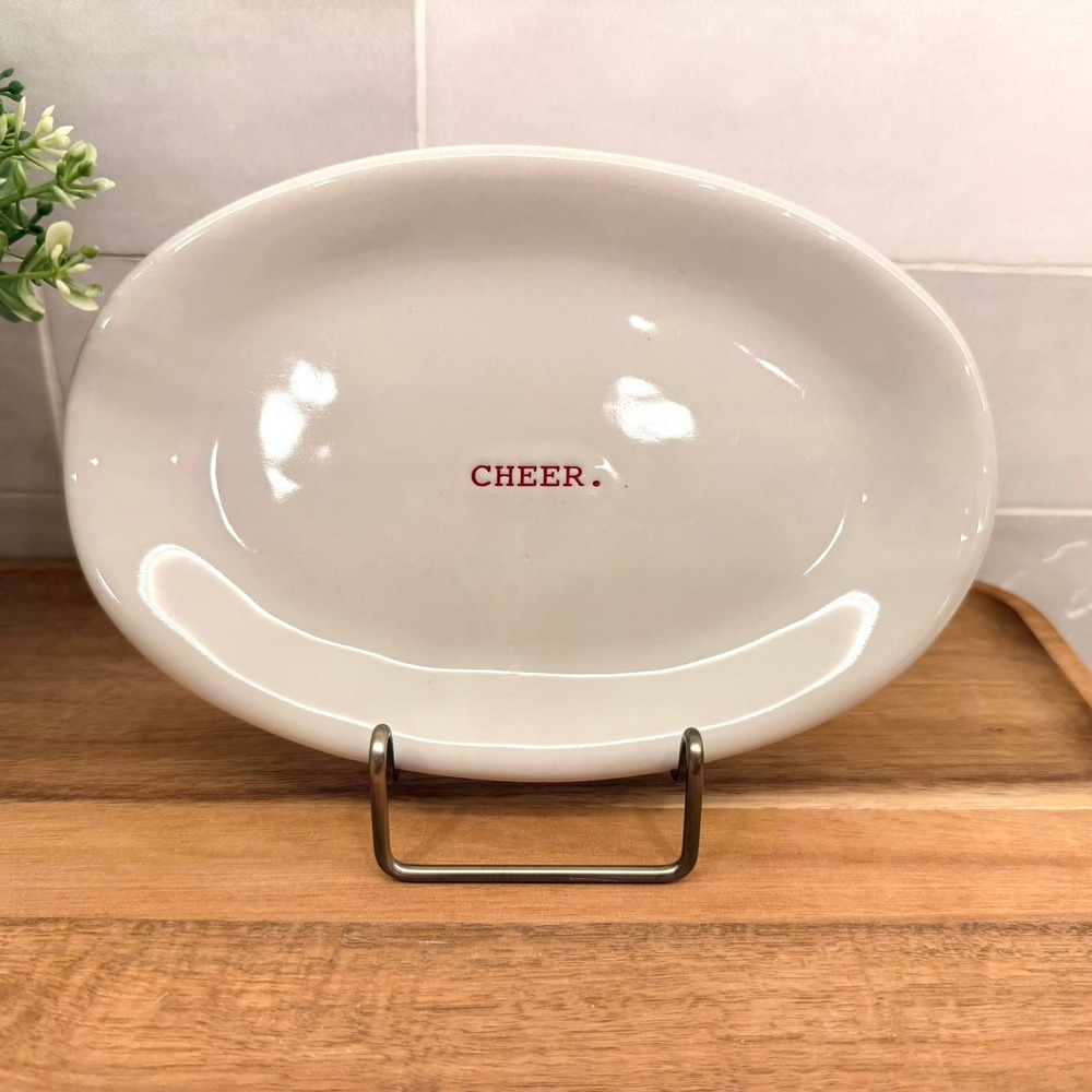 Rae Dunn CHEER Oval Platter White Ceramic Serving Dish Magenta Exclusive Holiday